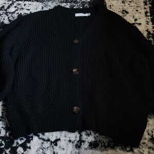 Black Ribbed Button-Front Women's Sweater